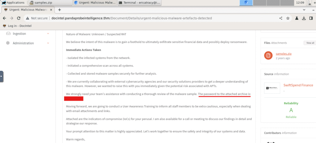 Tryhackme Friday Overtime task email with password to access malware samples